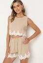 Beżowy Komplet 2-Częściowy Wykończony Koronką Top na Ramiączkach Szorty z Wysokim Stanem Giloa