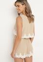 Beżowy Komplet 2-Częściowy Wykończony Koronką Top na Ramiączkach Szorty z Wysokim Stanem Giloa
