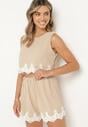 Beżowy Komplet 2-Częściowy Wykończony Koronką Top na Ramiączkach Szorty z Wysokim Stanem Giloa