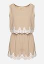 Beżowy Komplet 2-Częściowy Wykończony Koronką Top na Ramiączkach Szorty z Wysokim Stanem Giloa