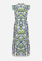 Beżowo-Niebieska Rozkloszowana Sukienka z Materiałowym Paskiem w Talii i Wiązanym Dekoltem Dimorri