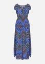 Niebiesko-Granatowa Bawełniana Sukienka o Rozkloszowanym Kroju z Gumką w Pasie i Wiązanym Dekoltem Tiretta
