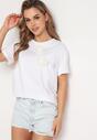 Biały T-shirt z Bawełny z Aplikacją 3D w Kształcie Kwiatu Risandra