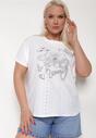 Biały Ażurowy T-shirt z Bawełną Ozdobiony Cyrkoniami Deviana