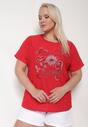 Czerwony Ażurowy T-shirt z Bawełną Ozdobiony Cyrkoniami Deviana