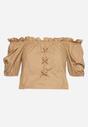 Ciemnobeżowa Bluzka Typu Hiszpanka z Ozdobnymi Marszczeniami Viknia