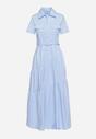 Niebieska Taliowana Sukienka z Bawełny w Koszulowym Stylu z Imitacją Kieszeni Masefia
