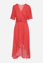 Czerwona Sukienka z Kopertowym Dekoltem o Asymetrycznym Kroju z Paskiem i Gumką w Talii Drelefia