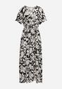 Czarno-Biała Rozkloszowana Sukienka z Kopertowym Dekoltem i Elastyczną Gumką w Talii w Kwiaty Aglefia