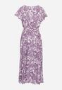 Fioletowa Sukienka z Kopertowym Dekoltem z Gumką w Talii i Materiałowym Paskiem Xelovia