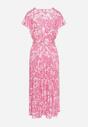 Różowa Sukienka z Kopertowym Dekoltem z Gumką w Talii i Materiałowym Paskiem Xelovia