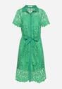 Zielona Koszulowa Sukienka z Koronkowej Tkaniny z Materiałowym Paskiem Noraly