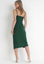 Zielona Koktajlowa Sukienka Midi z Głębokim Dekoltem na Ramiączkach Mineria