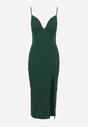 Zielona Koktajlowa Sukienka Midi z Głębokim Dekoltem na Ramiączkach Mineria