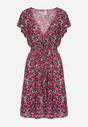 Różowo-Czarna Bawełniana Sukienka z Gumką w Talii i Dekoltem w Serek o Kwiatowym Wzorze Doradea