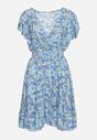 Niebieska Bawełniana Sukienka z Gumką w Talii i Dekoltem w Serek o Kwiatowym Wzorze Doradea