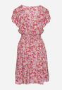 Beżowo-Różowa Bawełniana Sukienka z Gumką w Talii i Dekoltem w Serek o Kwiatowym Wzorze Doradea