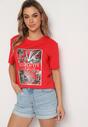 Czerwony Bawełniany T-shirt z Roślinnym Nadrukiem Relifea