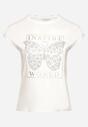 Biały Bawełniany T-shirt z Nadrukiem Motyla Ozdobionym Cyrkoniami Beonea