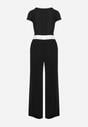 Czarny Prążkowany Komplet T-shirt z Krótkim Rękawem Szerokie Spodnie ze Ściągaczem Vimaleen