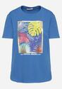 Niebieski Klasyczny Bawełniany T-shirt z Wakacyjnym Nadrukiem Zaronea