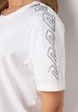 Biały Klasyczny T-shirt z Bawełny Ozdobiony Cyrkoniami na Rękawach Kalflea