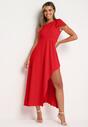 Czerwona Koktajlowa Asymetryczna Sukienka z Kokardą na Ramieniu Vimarellia