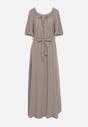 Beżowa Trapezowa Muślinowa Sukienka z Bawełny z Paskiem i Gumką w Talii Vimarinn