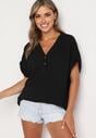 Czarna Bluzka z Dodatkiem Wiskozy z Ażurowymi Wstawkami i Guzikami przy Dekolcie Wimari