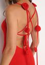 Czerwona Sukienka Bodycon Wiązana na Plecach na Sznurki z Kwiatkami Crivia