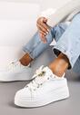 Biało-Złote Sneakersy na Platformie z Kokardką i Broszką Grivia
