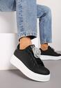 Czarno-Srebrne Sneakersy na Grubej Podeszwie z Odczepianym Kwiatem z Cyrkonii Navisia