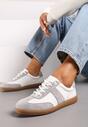 Biało-Szare Skórzane Płaskie Sneakersy Wykończone Przeszyciami Milonara