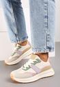 Beżowo-Zielone Płaskie Sznurowane Sneakersy z Geometrycznym Wzorem Neveanna