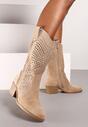 Ciemnobeżowe Ażurowe Kozaki Kowbojki na Stożkowym Obcasie Bralise