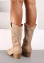 Ciemnobeżowe Ażurowe Kozaki Kowbojki na Stożkowym Obcasie Bralise