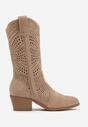 Ciemnobeżowe Ażurowe Kozaki Kowbojki na Stożkowym Obcasie Bralise