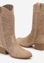 Ciemnobeżowe Ażurowe Kozaki Kowbojki na Stożkowym Obcasie Bralise