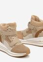 Ciemnobeżowe Sznurowane Sneakersy na Koturnie ze Sztucznym Futrem i Metalicznymi Aplikacjami Leridras