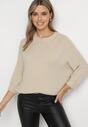 Beżowy Sweter z Rękawami 7/8 z Domieszką Wełny Irilliane
