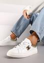 Biało-Złote Skórzane Płaskie Sneakersy z Metaliczną Apikacją 3D Miliora