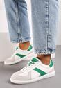 Biało-Zielone Płaskie Skórzane Sneakersy Ozdobione Przeszyciami Verietta