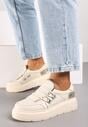 Beżowe Skórzane Sneakersy na Grubej Podeszwie z Ozdobnym Paskiem i Metalicznymi Wstawkami Verilinde