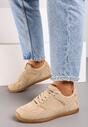 Ciemnobeżowe Sneakersy z Geometrycznymi Przeszyciami z Zdobieniem z Cyrkonii Taranea