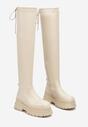 Beżowe Wysokie Kozaki Muszkieterki na Tłoczonej Platformie z Regulowaną Cholewką za Kolano Raivira