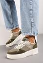 Ciemnozielone Sneakersy na Grubej Podeszwie z Metaliczną Wstawką Miathra