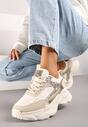 Beżowe Sneakersy na Grubej Tłoczonej Podeszwie z Cekinami Narelis