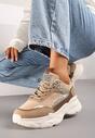 Ciemnobeżowe Sneakersy na Grubej Tłoczonej Podeszwie z Cekinami Narelis