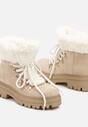 Beżowe Traperki na Tłoczonej Podeszwie Ozdobione Futerkiem Taiva