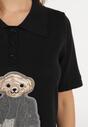 Czarny Wiskozowy T-shirt z Naszywką Misia i Guzikami przy Dekolcie Callidora